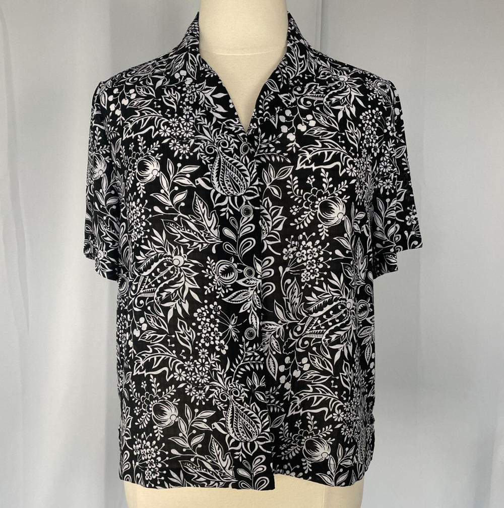 Casual Top Plus Size 18 Black White Floral Button Up Short Sleeve Boho Tropical
